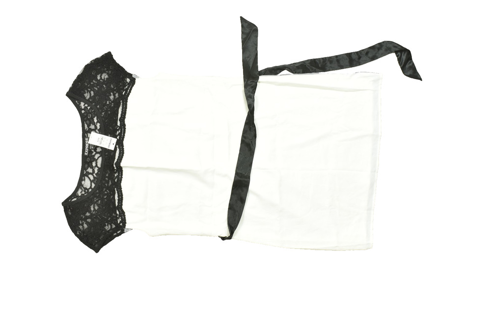Express Women's Size XS White Sleeveless Lace Boat Neck Blouse with Black Satin